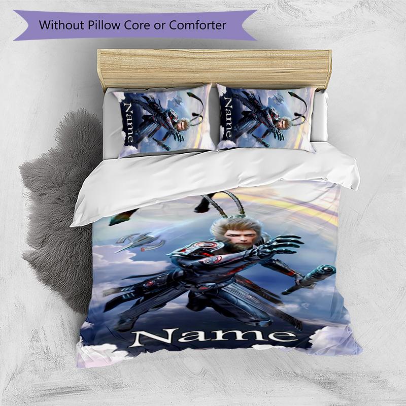 3pcs Custom Name Black Myth Wukong Game Bedding Set Duvet Cover Closure Includes 1 Duvet Cover & 2 Pillowcases for All Seasons Bedroom Decor