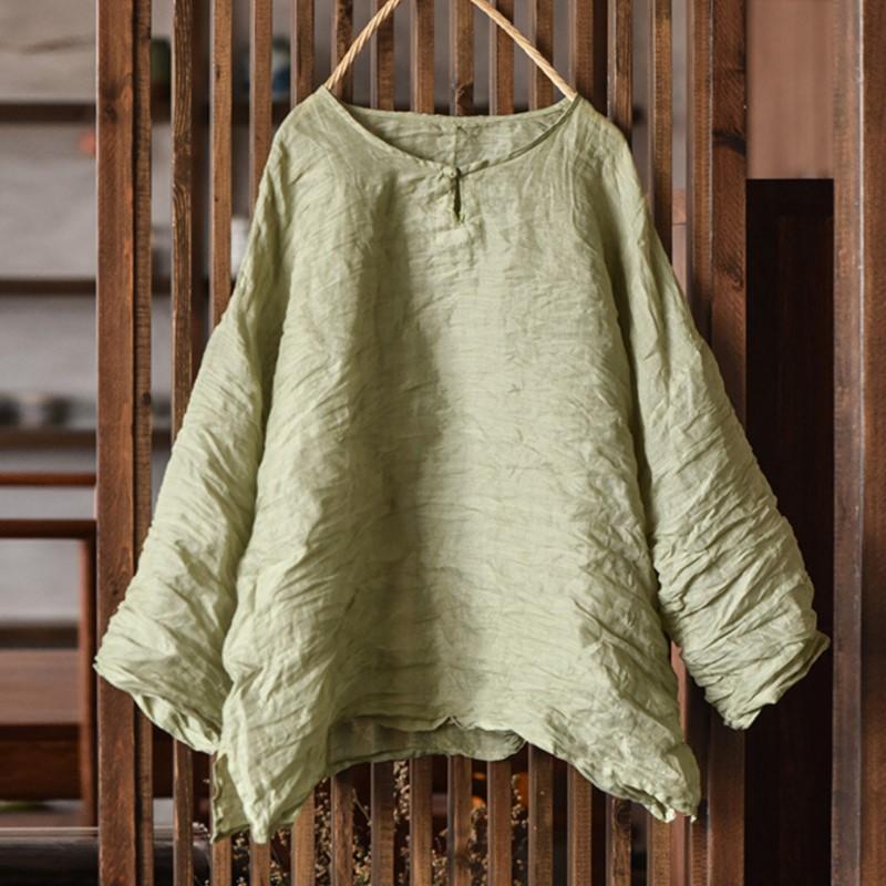 

Johnature Женские винтажные футболки с круглым вырезом и длинным рукавом Весенние футболки Однотонные свободные мягкие женские футболки на пуговицах One Size светло-зеленый