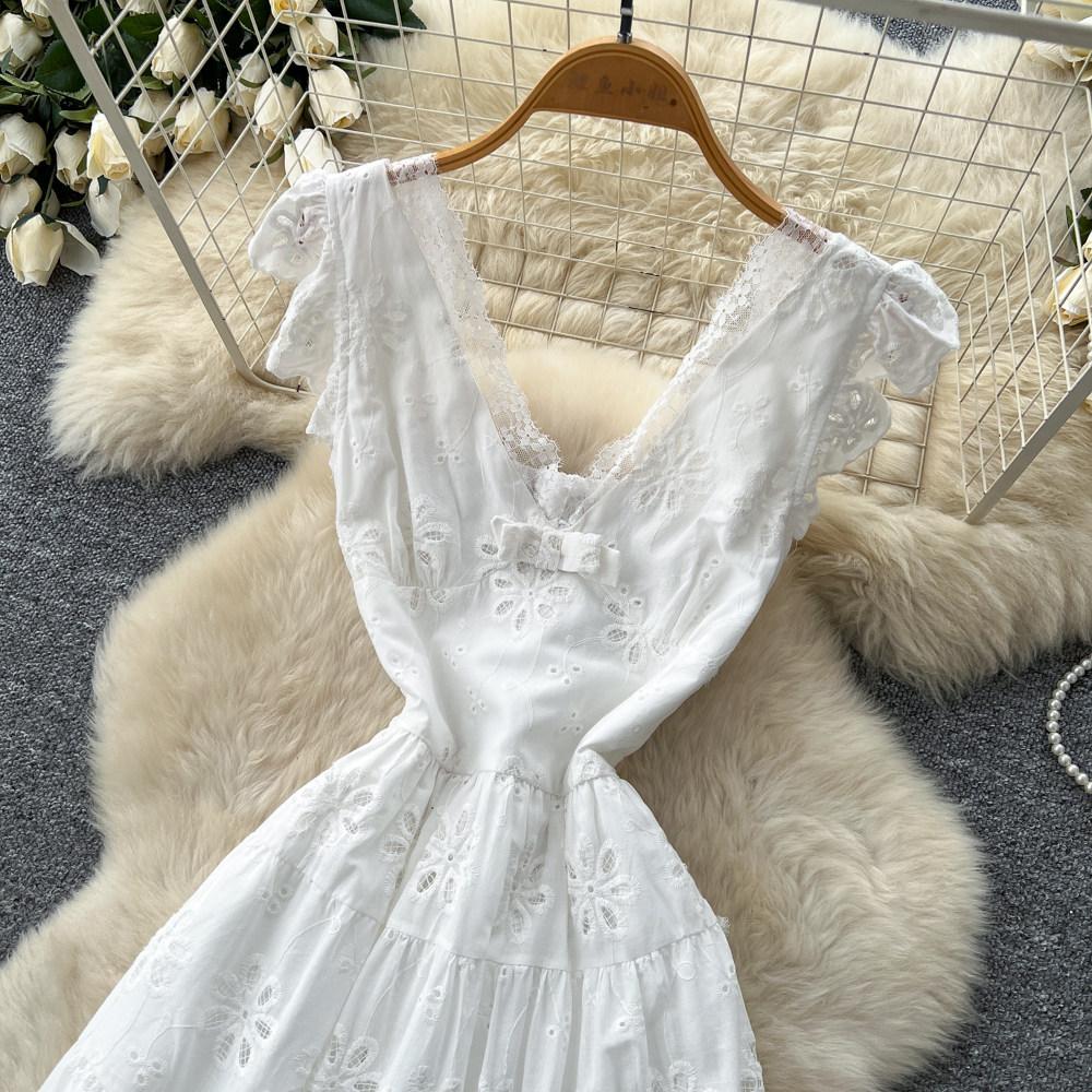 French holiday style v-neck white hollow lace lace dress women's summer high waist and thin temperament long dress