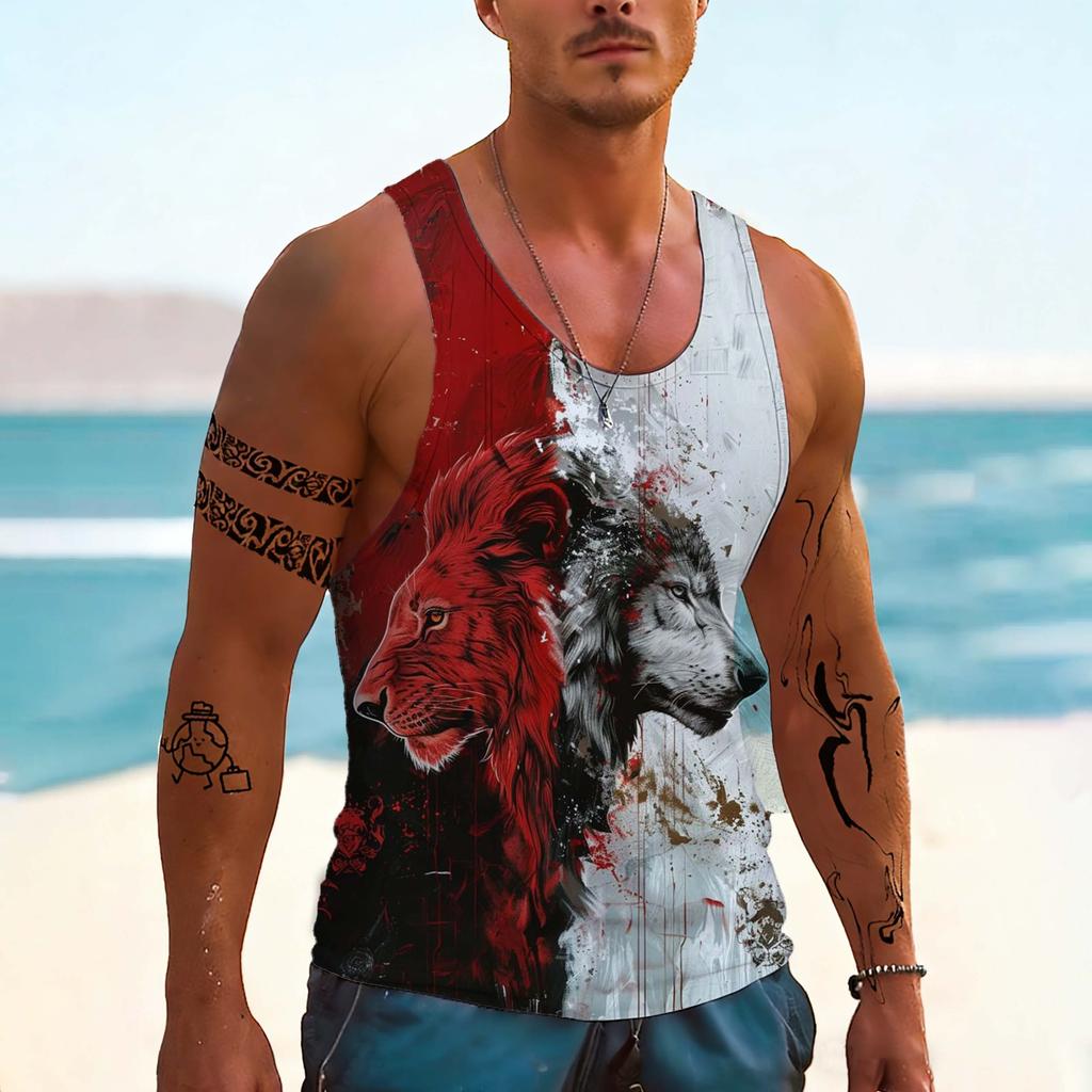 Modische Herren-Tanktops mit Wolfsmuster, Sommer, Atmungsaktiv, Streetwear, Sportweste, Ärmellos, Tier-Mann-Kleidung