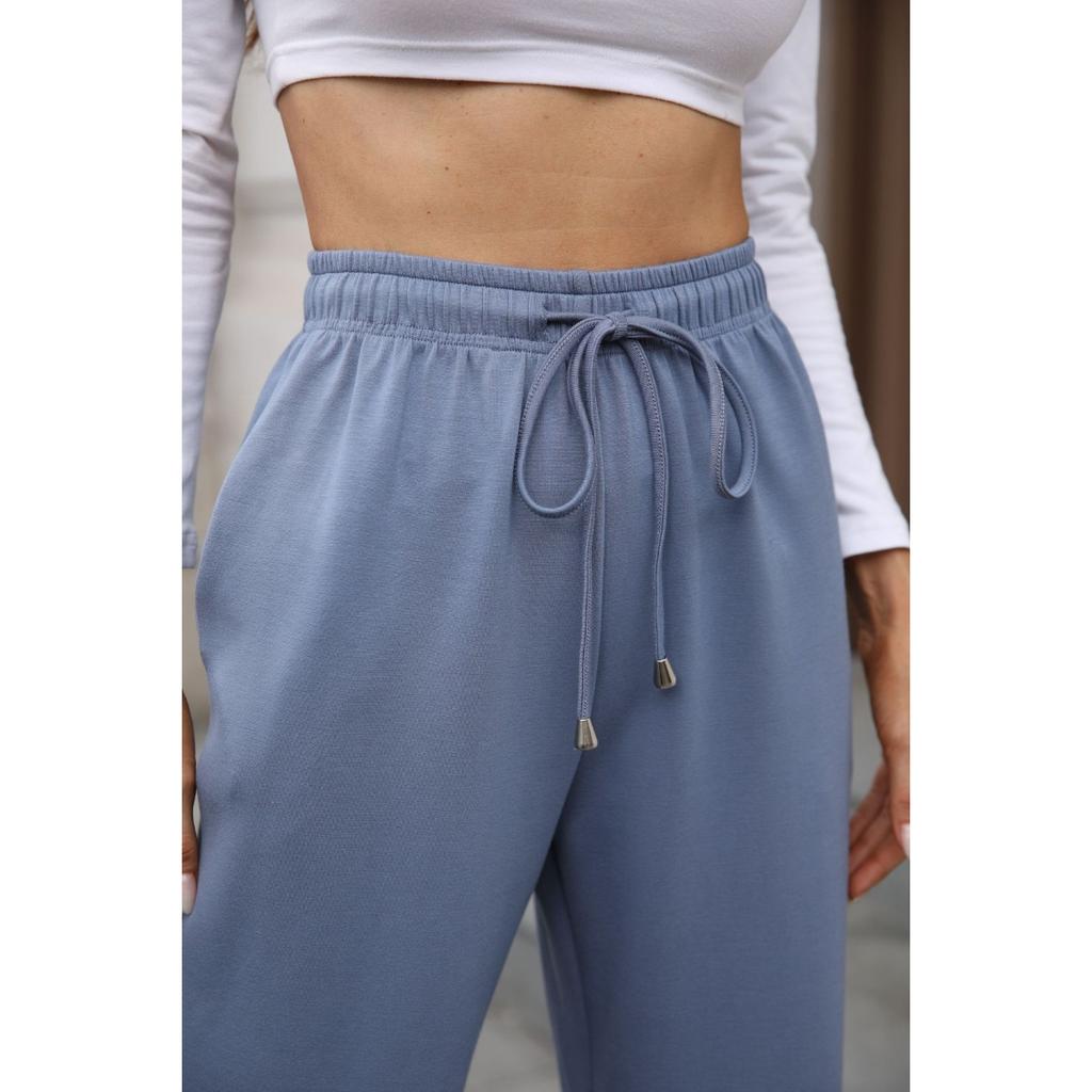 Fall Winter New Women's Solid Color High Waist Loose Straight Long Trousers With Pockets Elastic Waist Casual Pants For Crossborder Trade