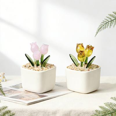 Handcraft Blown Glass Flower Figurine Mini Faux Crystal Tulip Bouquet In Pot for Women Mom Wedding Mother's Day Office Home Table Centerpiece