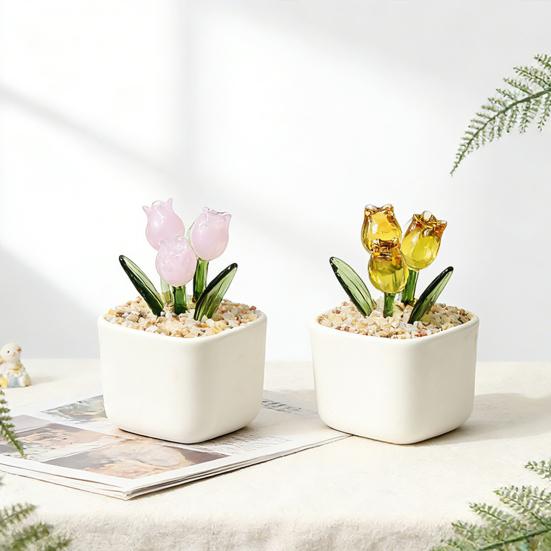 Mini skleněná figurka tulipánu Ručně foukaná miniaturní květina z umělého křišťálu v květináči pro ženy, maminku, svatbu, Den matek, kancelář, domov, středový díl stolu