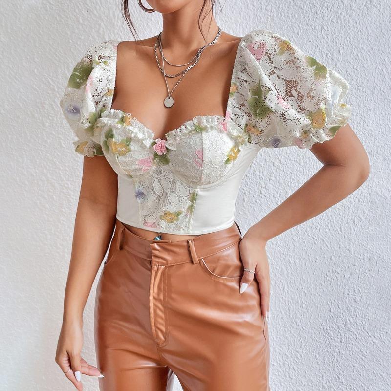 Street Backless Puff Sleeve Sexy Shirt Women with Steel Ring Fishbone Vintage Slim Fit Sexy Crop Tops for Women Print Elegant Blouses 24441