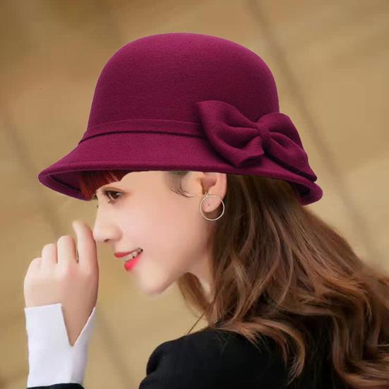 Jednobarevný klobouk s širokou krempou a kulatou kopulí, teplý vlněný klobouk pro ženy na podzim a zimu, elegantní dekorace mašlí, plstěný fedora klobouk pro každodenní nošení