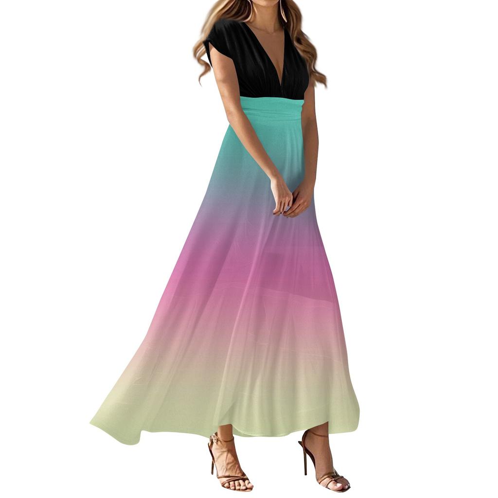 Damen Sommer Casual Mode Gradient Bedruckte Kleider V-Ausschnitt Kurzarmkleider