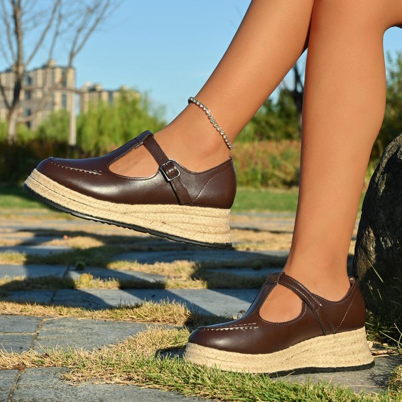 Fashion One Buckle Wedge Single New Round Toe Mid-Mouth Platform Non-Slip Low-Top Shoes for Autumn