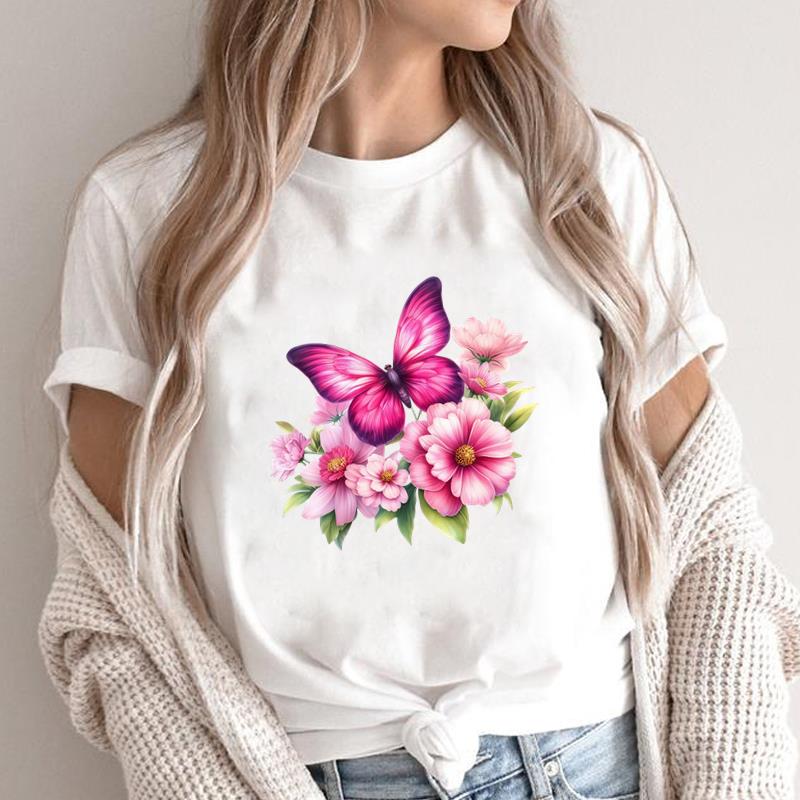 

(Asian Size) Print Fashion Female Short Sleeve T-shirts Women s Top flower sweet trend T Clothing Casual O-neck Graphic Tee S