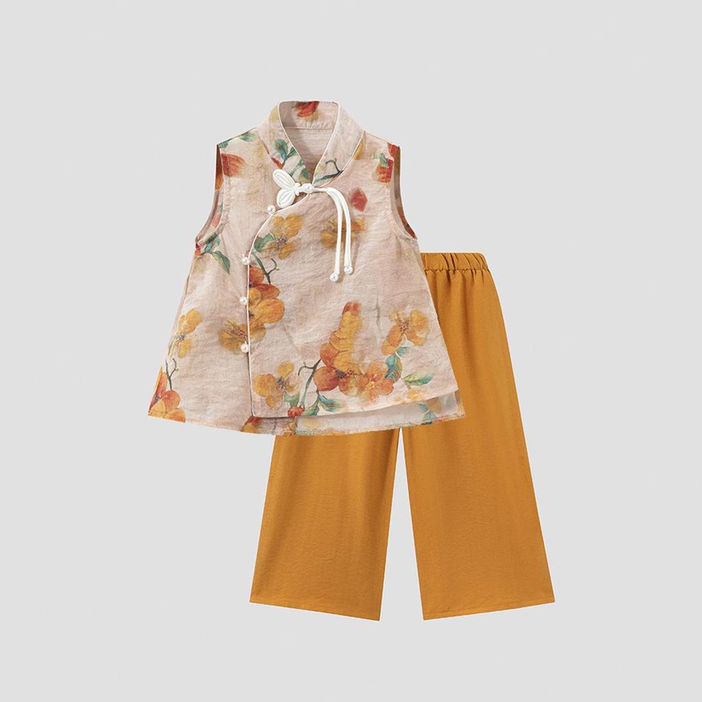 2025 Sommer Hanfu Set für Mädchen: Neues Chinesisches Nationalstil Oberteil & Weitbeinige Hose, Kinder Zweiteiler.