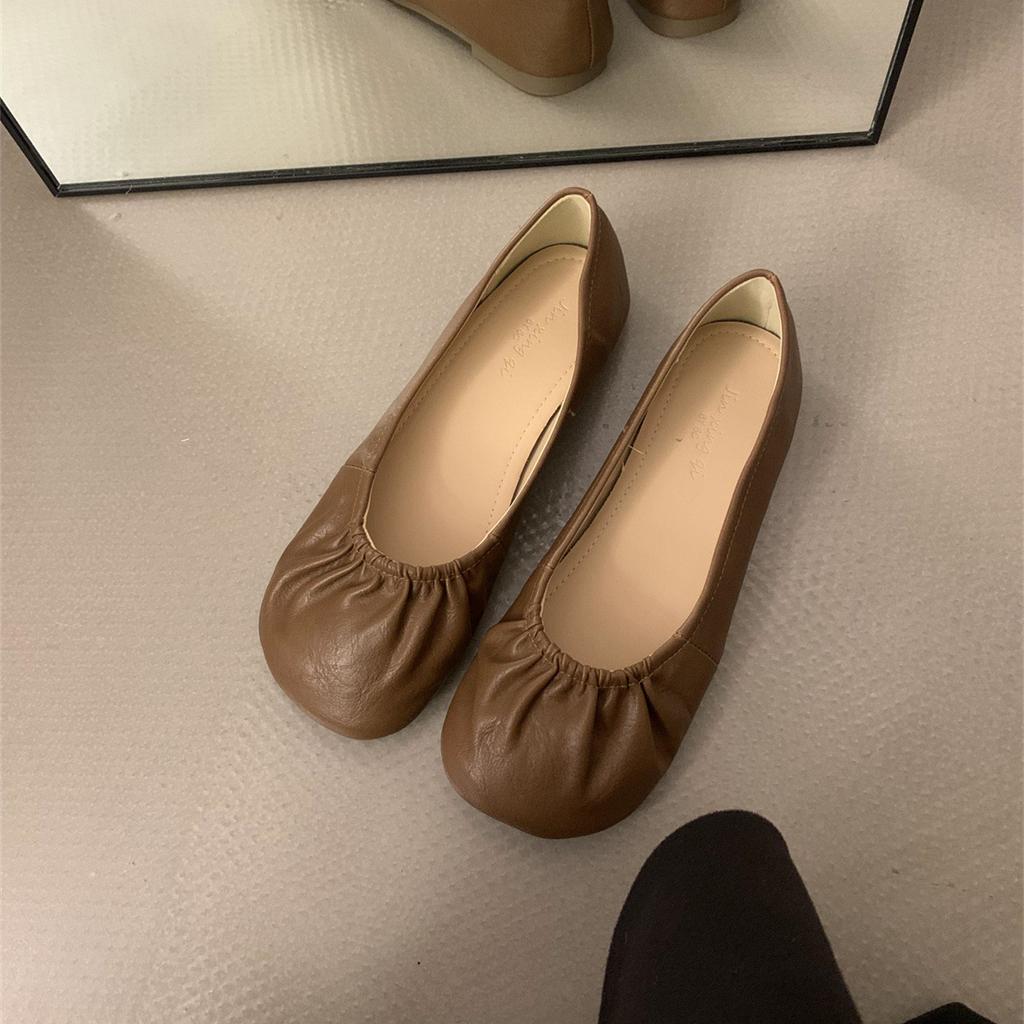 Retro plissierte runde Zehen flache Einzel-Schuhe Damen Sommer 2025 neu sanft passender Rock flache Doudou Oma-Schuhe