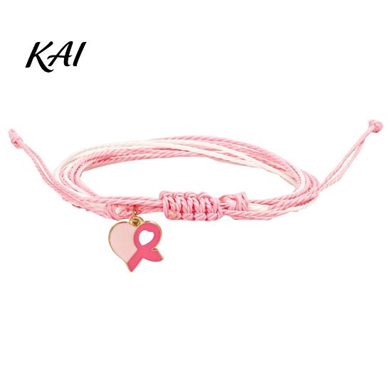 Pink White Cord Jewelry Breast Cancer Awareness Bracelet for Women, Adjustable Woven String with Heart Butterfly Alloy Pendants Ribbon Charm, Handmade