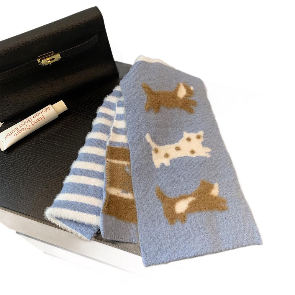 Korean striped puppy knitted scarf winter thickened warm imitation rabbit hair soft waxy scarf ins wind versatile