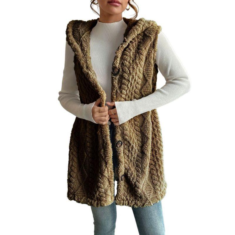 Women's Hooded Plush Sleeveless Coat Cardigan Vest