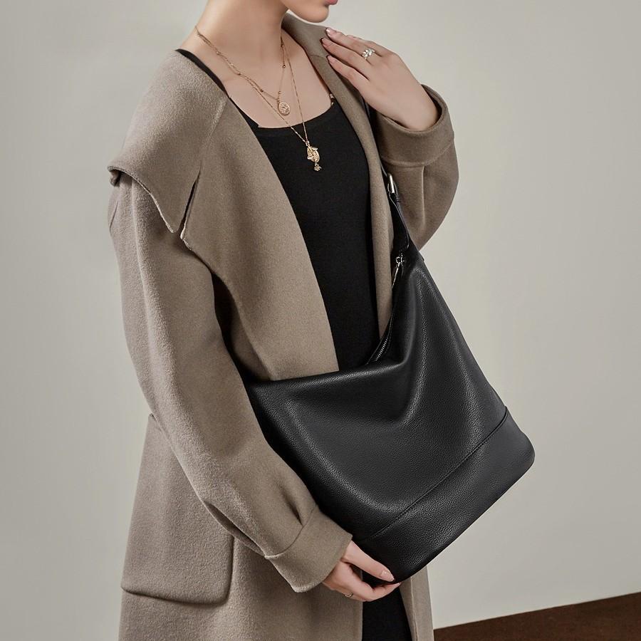 Genuine Leather Large-Capacity Work Commuter Bag Light Luxury High-End Feeling First Layer Cowhide Versatile Oblique Span Bucket Bag