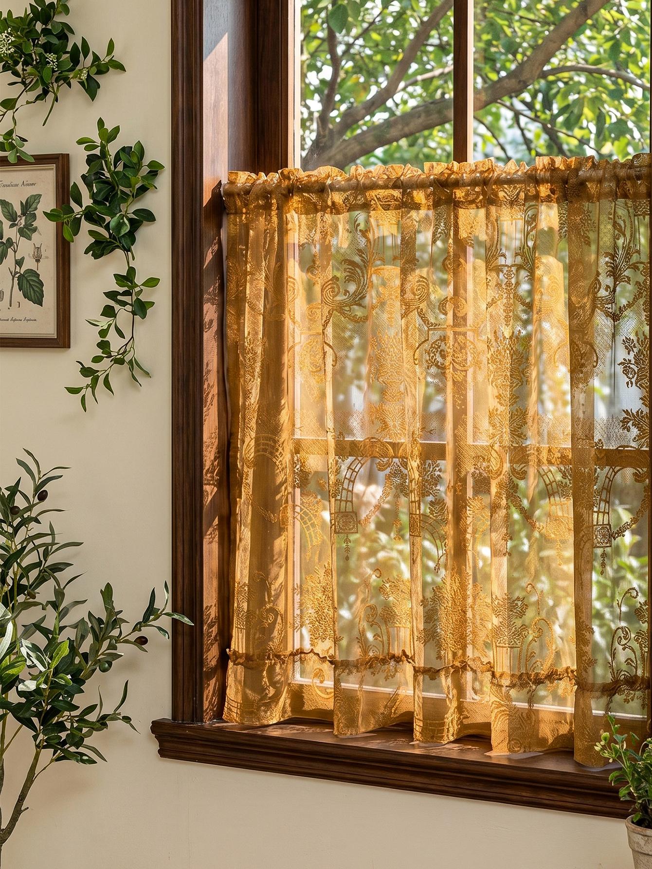 Amber Vintage Kant Doorzichtig Valgordijn, Sierlijk Bloemig Borduurwerk Stangzak Korte Cafe Gordijn voor Keuken, Badkamer 140x60cm bruin