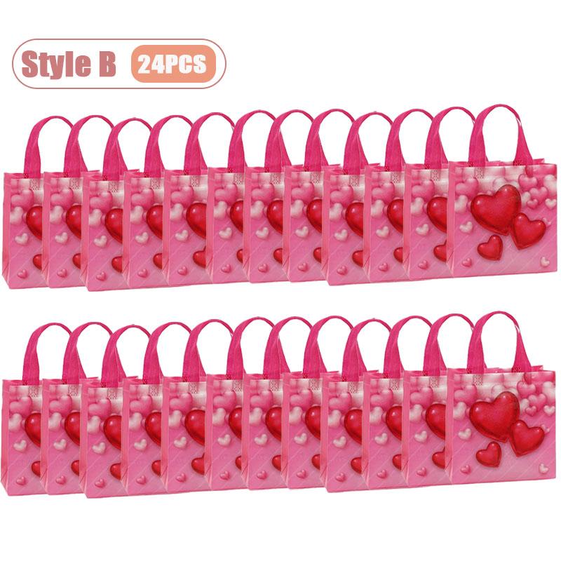 12-24PCS Reusable Valentines Gift Bag Non Woven Fabric Pink Heart  Handle Tote Foldable for Party Wedding Birthday Packaging