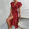 European and American Women's Clothing Sexy Deep V Lace-up Waist Floral Vacation Dress Dress