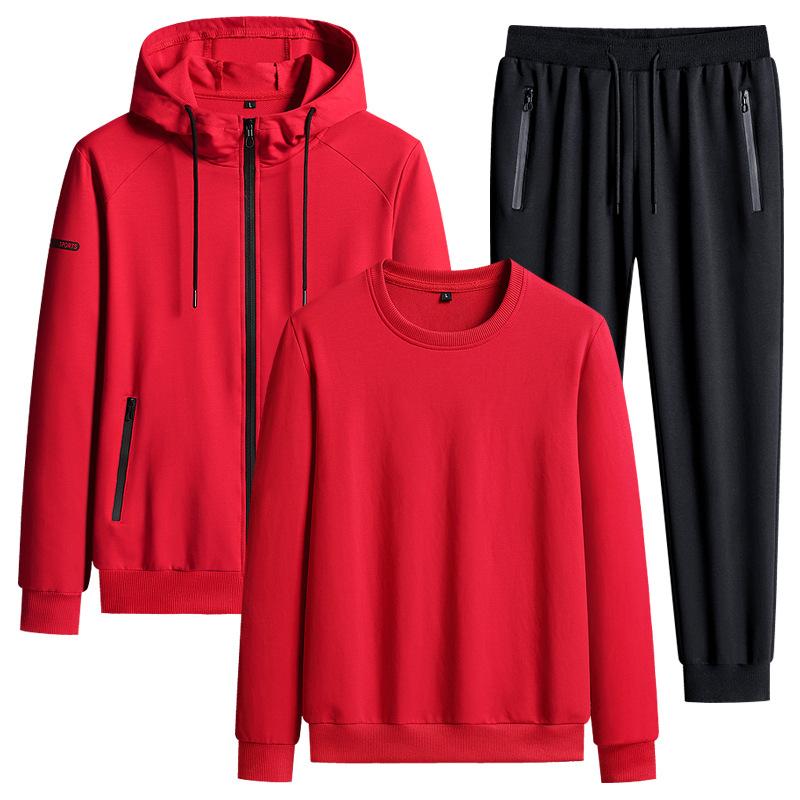 Plüschiger Sportanzug Herren Herbst und Winter Atmungsaktiv Reine Baumwolle Lockere Passform Übergröße Lässig Kapuzenpullover Hose 3-teiliges Set