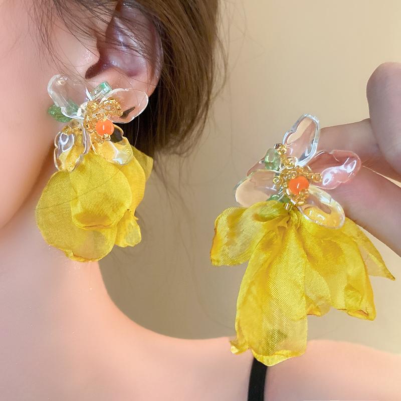 Pink Flowers Mesh Long Tassel Earrings For Women Sweet Temperament Crystal Drop Dangle Earring Party Wedding Jewelry