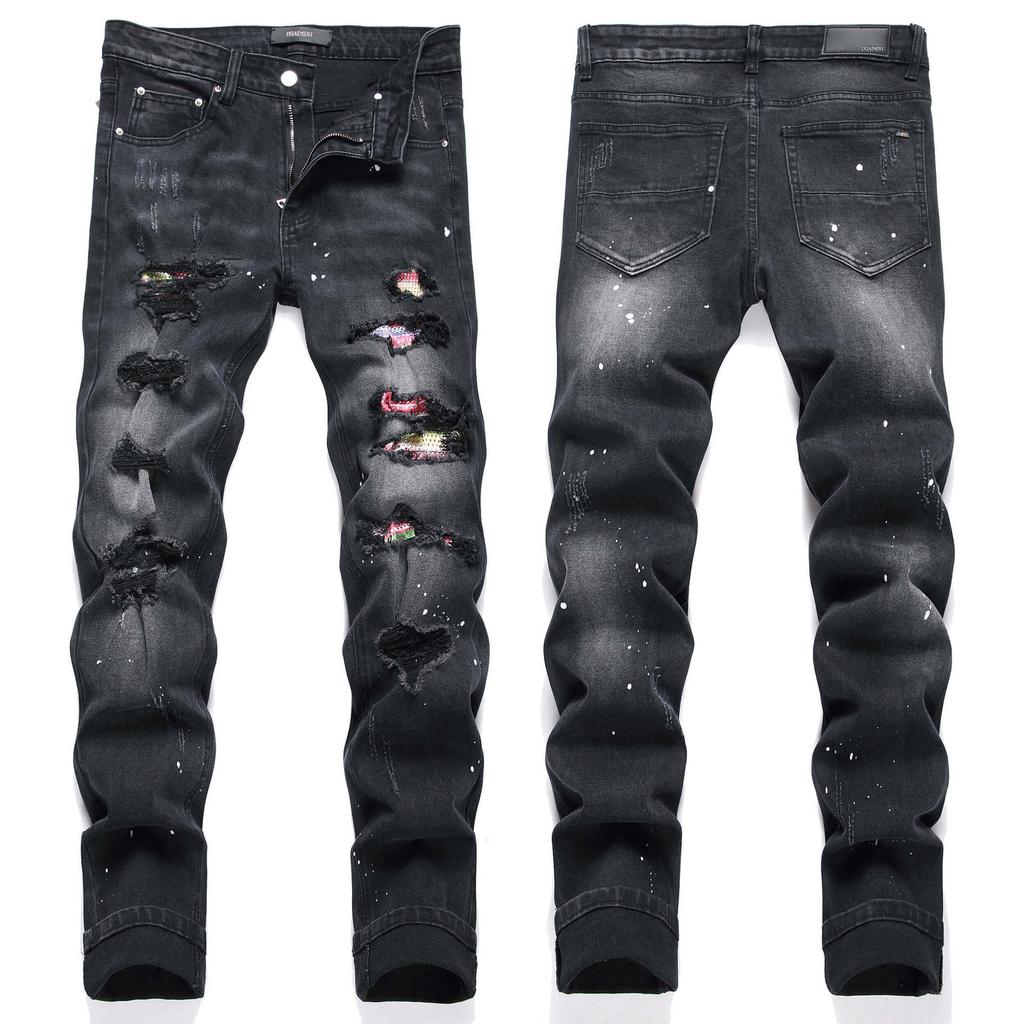 New Style Street Fashion Youth Black Distressed Patch Trendy Elastic Slim-fit Cropped Jeans Straight-leg Men 3531