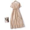 Summer New Apricot Pink Pleated Cotton and Linen Dress Women, Loose V-neck Short-sleeved Solid Color Long Skirt