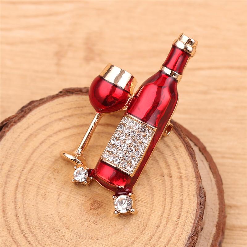 Luxury Exquisite Red Wine Cup Wine Bottle Shape Brooches Crystal Rhinestone Pins For Women Men Hats Suit Accessories Jewelry