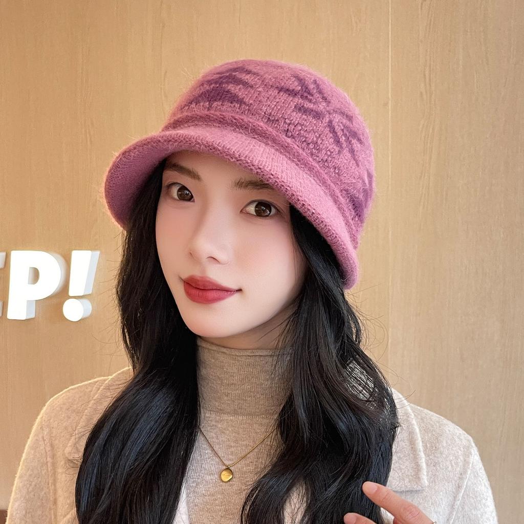 Elderly Women's Hat Autumn Winter Bucket Hat, Plush Lining Warm Thickened Knitted Cotton Beanie
