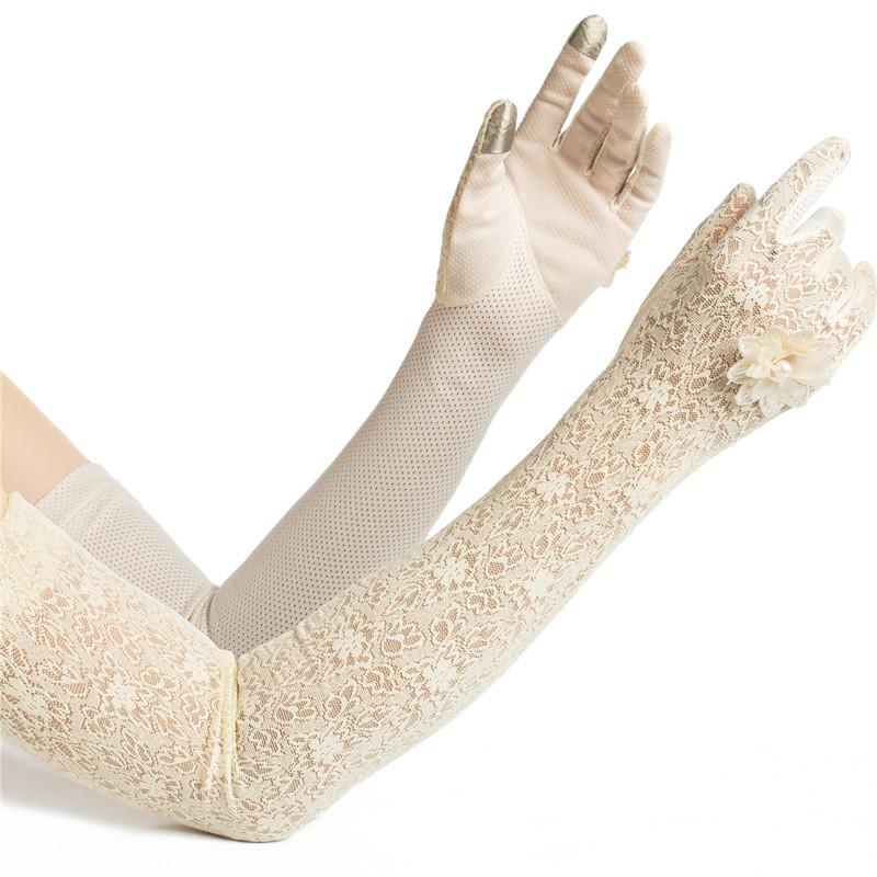 

Летние тонкие перчатки из ледяного шелка с сенсорным экраном для вождения, солнцезащитные, кружевные длинные One size бежевый