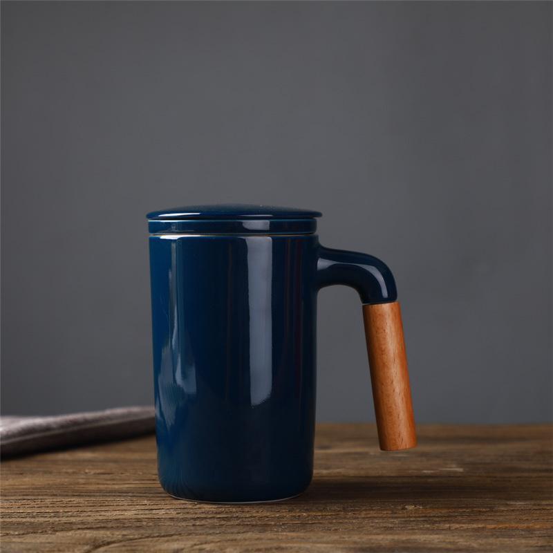 Japanese Style Stoneware Ceramic Mug With Filter Wooden Handle Flower Tea Cup with Lid Tea Water Separation Drinkware Gift