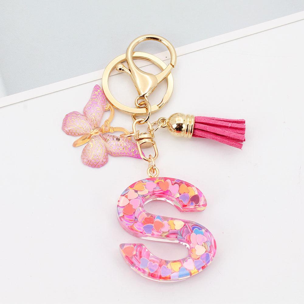 Fashion A-Z Letters Acrylic Keychain for Women Pink Butterfly Tassel Alphabet Car Key Ring Bag Charms Accessories Gift Jewelry