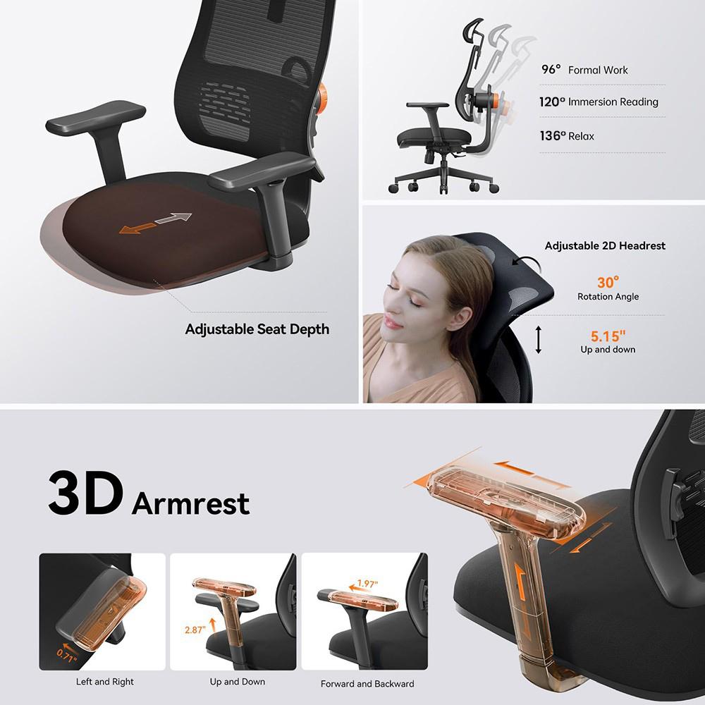 NEWTRAL MAGICH003 Ergonomická židle, Samonastavitelná opěrka zad, Adaptivní podpora beder, Nastavitelná opěrka hlavy, Hloubka sedáku, 3D područky, Polohovací