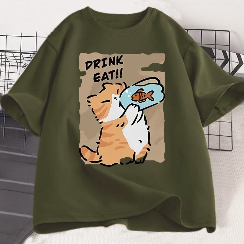 Funny Cat Eat Fish Tshirt Trend Printed Cotton Round Neck Tshirt Unisex and WOMEN with The Same Loose Casual Short Sleeve Tees