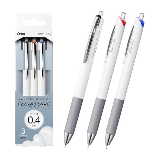 Pentel Flowtune Oil-Based Ballpoint Pen, Black, Red, Blue, 0.4mm, 3-Pack, BZN204-3, Frictionless Ballpoint Pen, Ink Flow System, Special Ink Cushion
