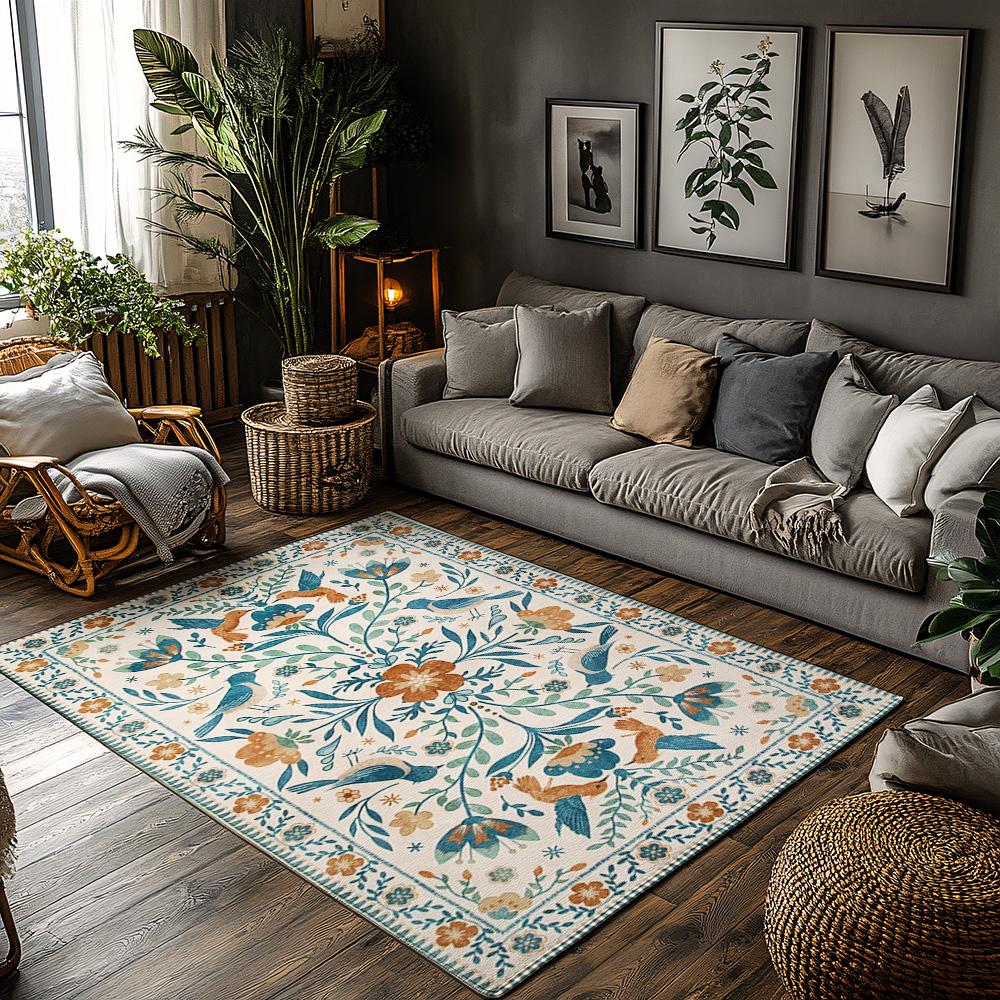 

Cream Blue Green Floral Bohemian Rug, Orange Accent Non-Slip Living Room Carpet, Soft Vintage Style Home Decor Mat 50x80cm20x31in