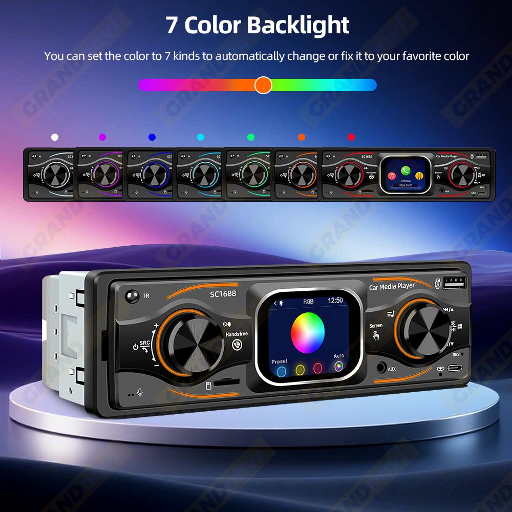 2026 Portable 1 Din Car Radio MP3 Player Touch Screen Auto Radio in-dash Bluetooth USB/SD/AUX-IN Colorful Lights DSP with Voice Assistant Time Display