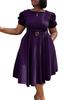 C8601 Women's European & American Round Neck Elegant A-line Dress with Puff Sleeves & Waist-Cinching Hem