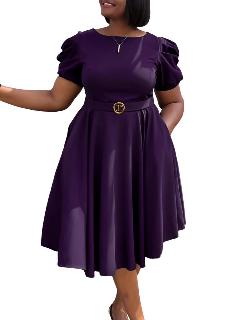 C8601 Women's European & American Round Neck Elegant A-line Dress with Puff Sleeves & Waist-Cinching Hem