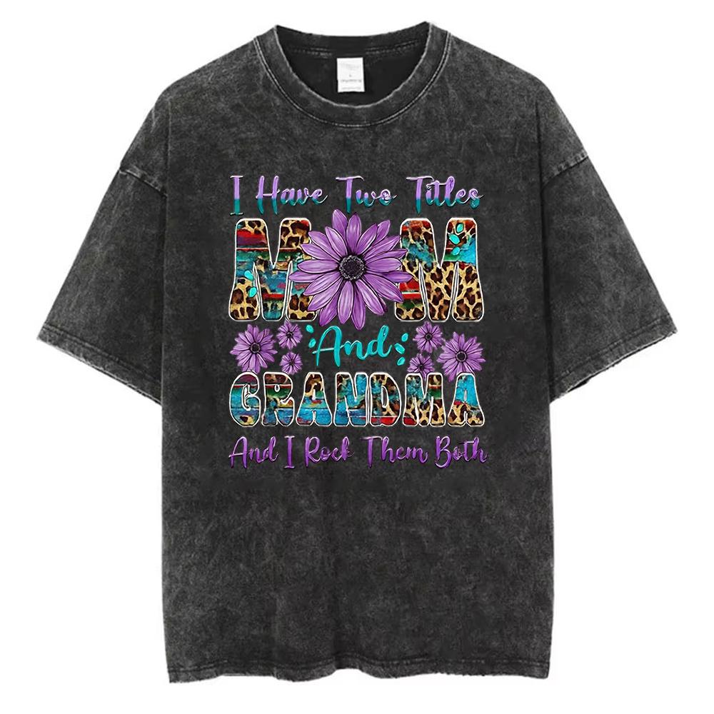 Zachodni T-shirt z Panterką dla Mamy Babci Vintage Spłowiały Czarny Bawełniany Luźny Krótki Rękaw Top dla Boho Mam