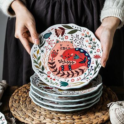 Piatto da portata a forma di gatto colorato da 8 pollici, in ceramica smaltata, vassoio da dessert, stoviglie a forma di gattino con fiori, adatte al microonde