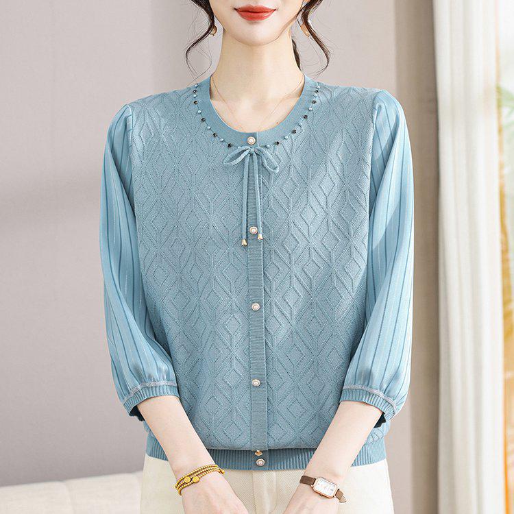 

Stylish Women s Round Neck Lace-up Knit Pullover - Comfortable & Elegant Mother s Wear 3XL синій
