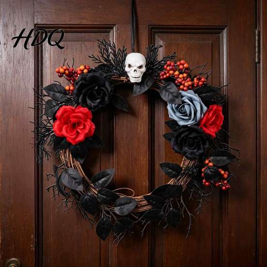 Elegant Mystery Party Props Gothic Black White Blue Rose Twig Wreath 15 Inch Halloween Skull Wreath