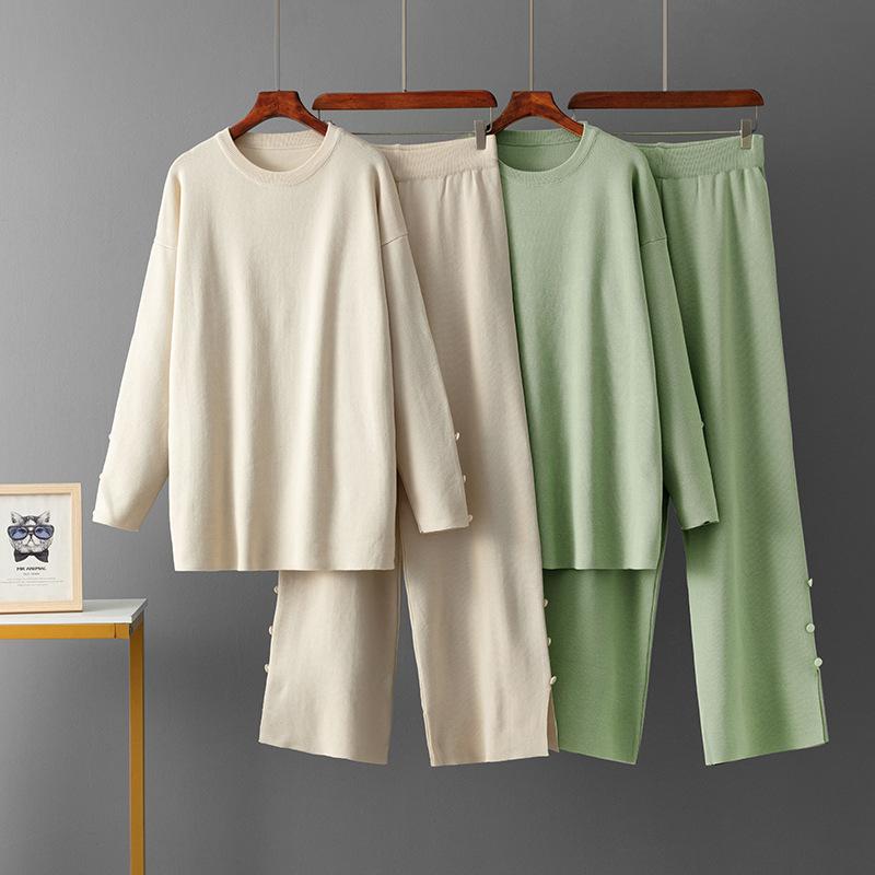 Solid Color Large Size Sweater Set Women's 2025 Autumn and Winter New Round Neck Loose Casual Two-piece Set