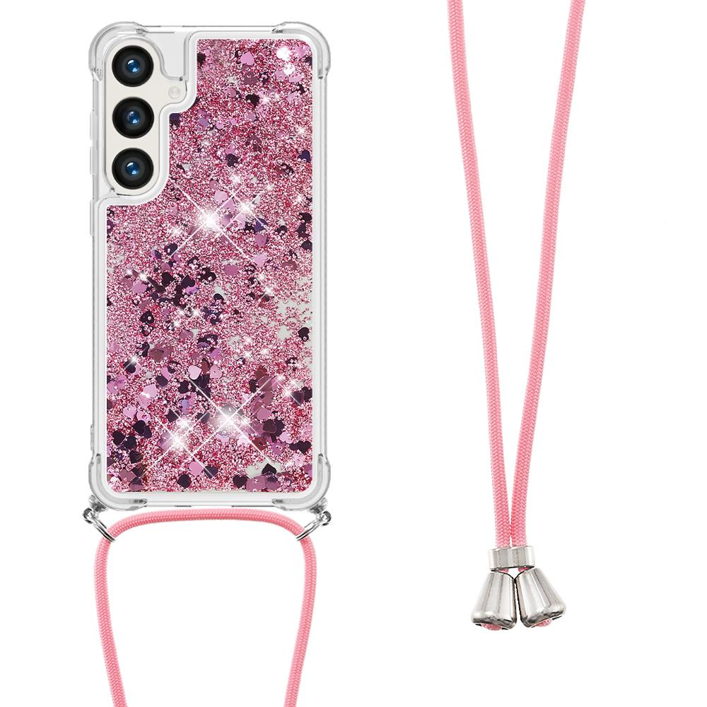 

For Samsung Galaxy S24 TPU Case Quicksand Design Phone Cover with Lanyard Silver/Hearts