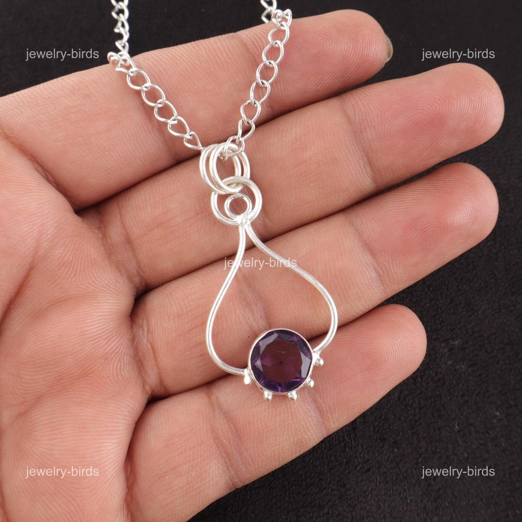 Round Amethyst Stone 925 Silver Daughter Gift Engagement Elegant Wedding Pendant PP-40-1