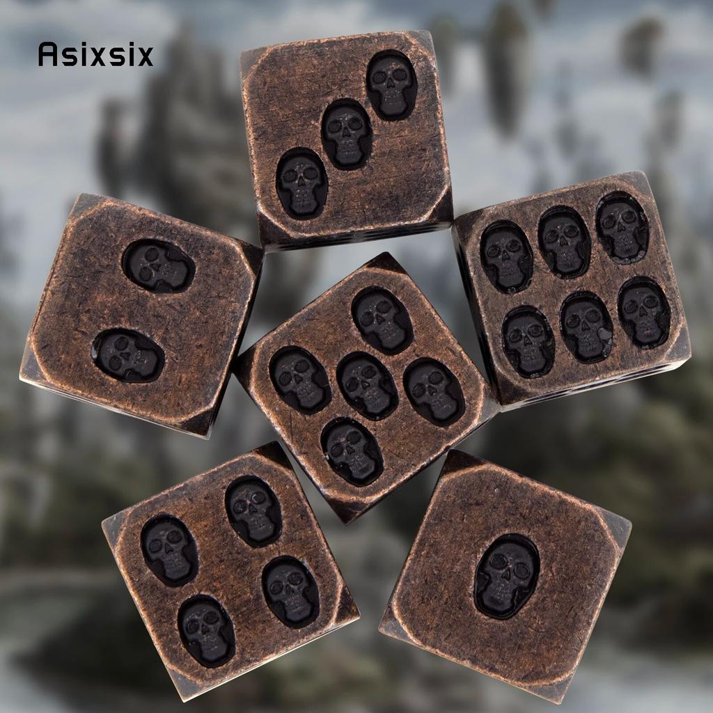 6 Stuks Koperen Schedel Metalen Dobbelstenen Massief Metaal Polyhedrale Dobbelstenen Set Geschikt voor Role-Playing RPG Bordspel Kaartspel