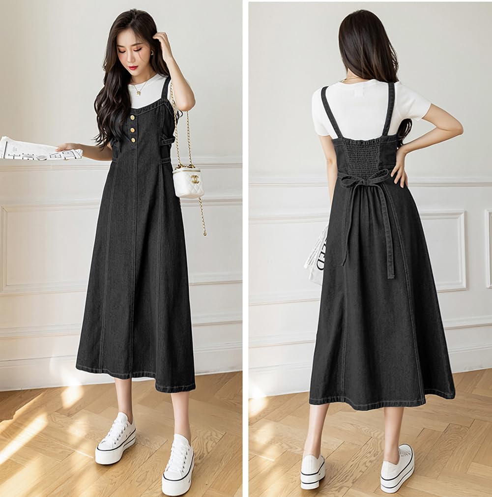 JIYUTOR Denim Jumper Skirt with Solid Back Elastic Midi Plus High Fall Women's Suspenders, Color, Ribbon, V-Neck, Length, Sizes, Waist, Spring,