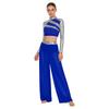 S-XXL Women Two-Piece Lyrical Dance Outfit Mock Neck Long Sleeve Cutout Back Sequins Rhinestones Crop Top with Side Split Sheer Chiffon Pants