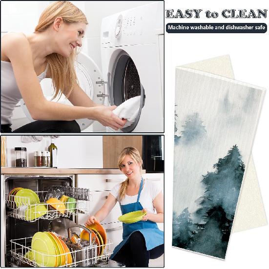Whaline 6Pcs Dusty Blue Forest Swedish Dishcloths Cotton Kitchen Towels Reble Absorbent Mountain Forest Dish Towels for Home Party Housewarming