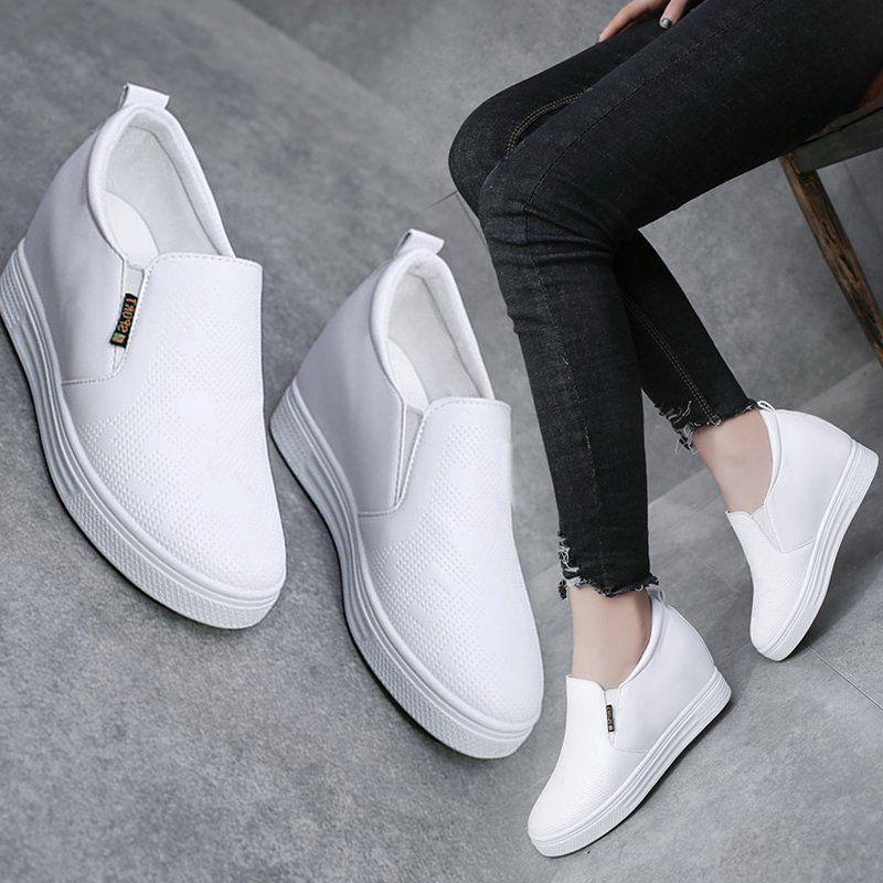 Inner heightening women's shoes leather surface white shoes women's spring and summer new Korean version of slope heel platform casual shoes one peda