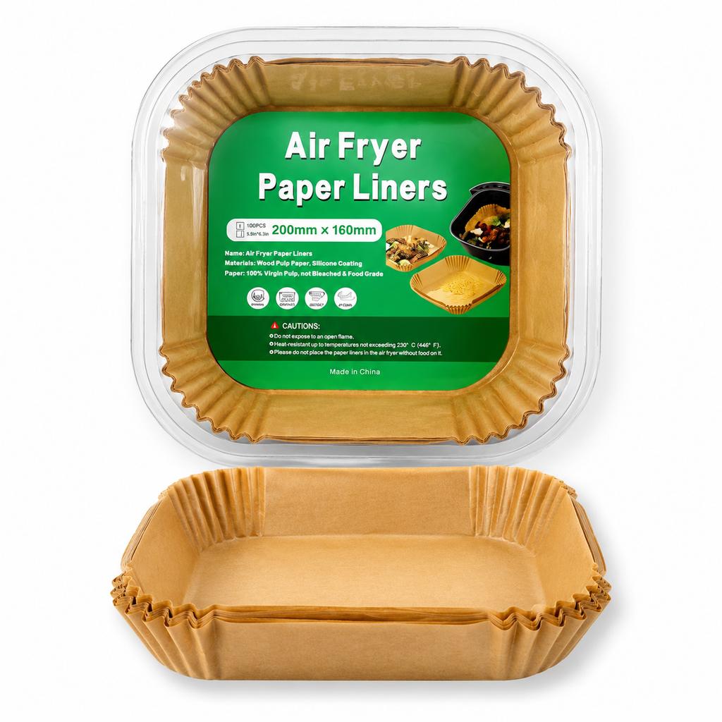 Air Fryer Paper Liners, 100 Pcs Brown Rectangular 200 X 160 Mm Disposable Baking Paper Trays for Home Kitchen Cooking